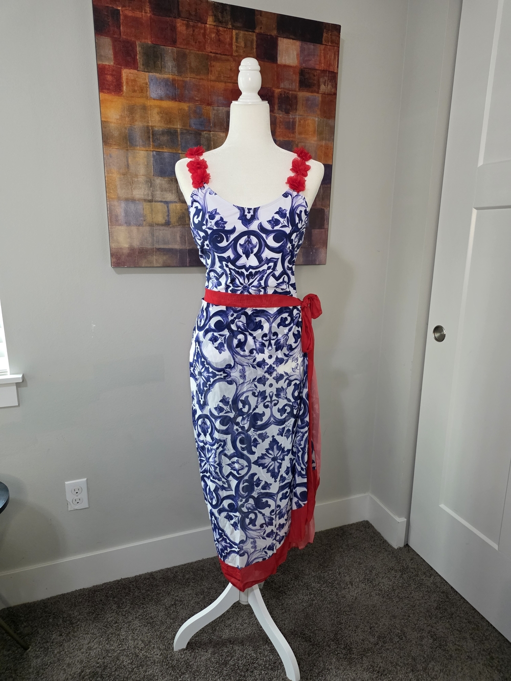 Amazon Women One-Piece Swimsuit in Blue and White with Red Accents